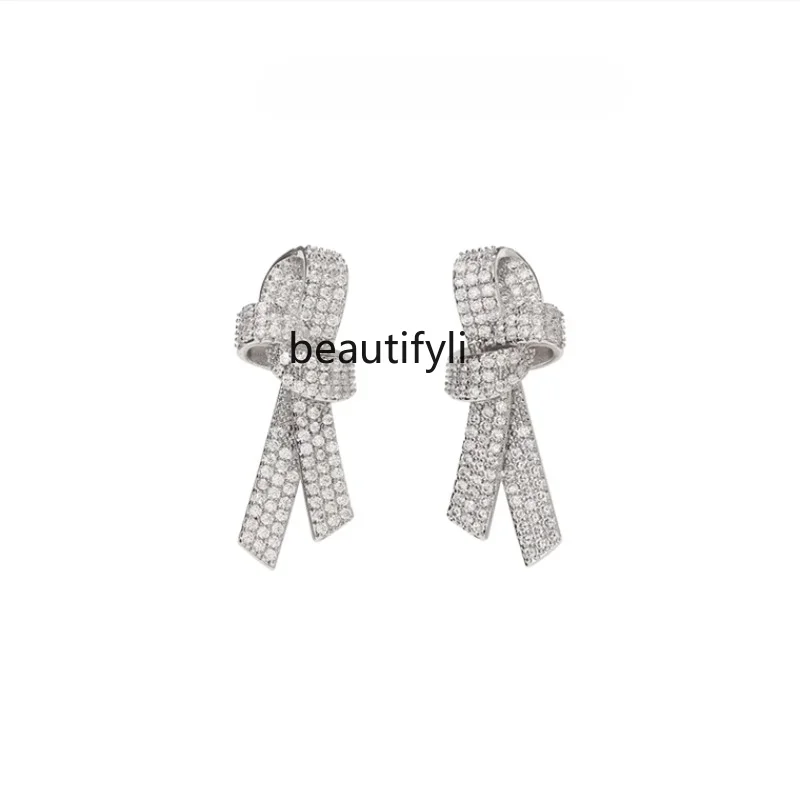 yj High-Grade Stud Earrings Women's Bow Light Luxury Temperament Long Generous Earrings Simple Fashion