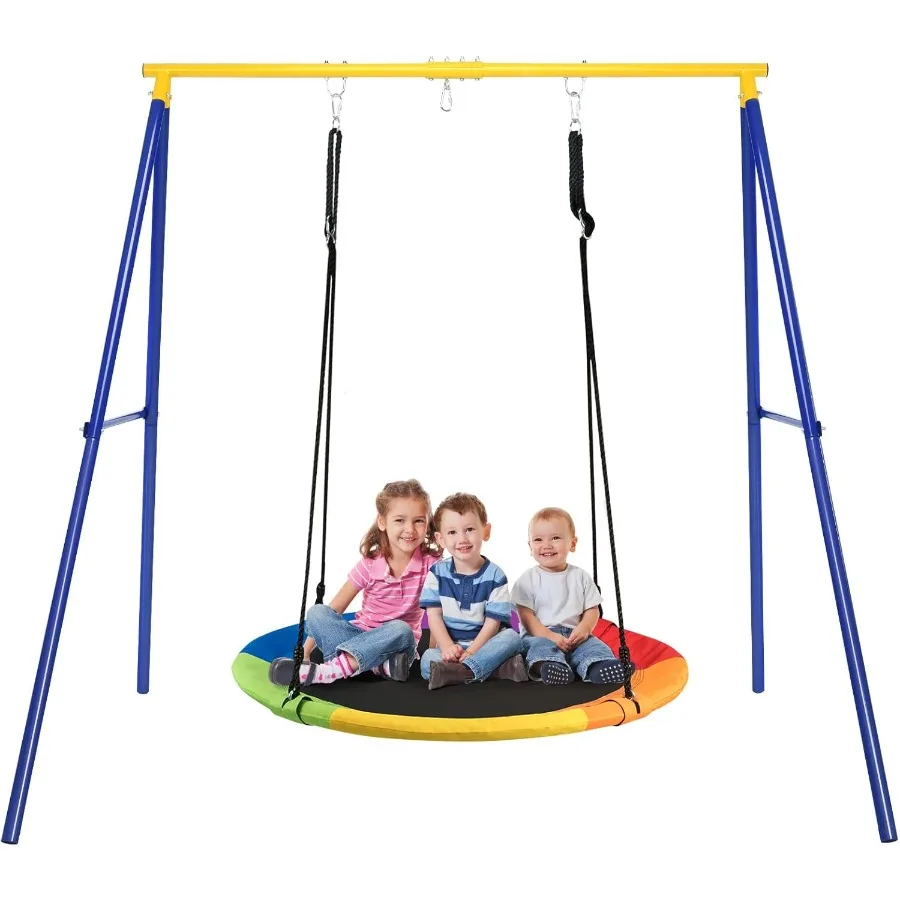 

Heavy Duty 660lbs Metal Swing Frame Set with 40 Saucer Swing for Outdoor Backyard Use AFrame Swing Stand with Ground Stakes and