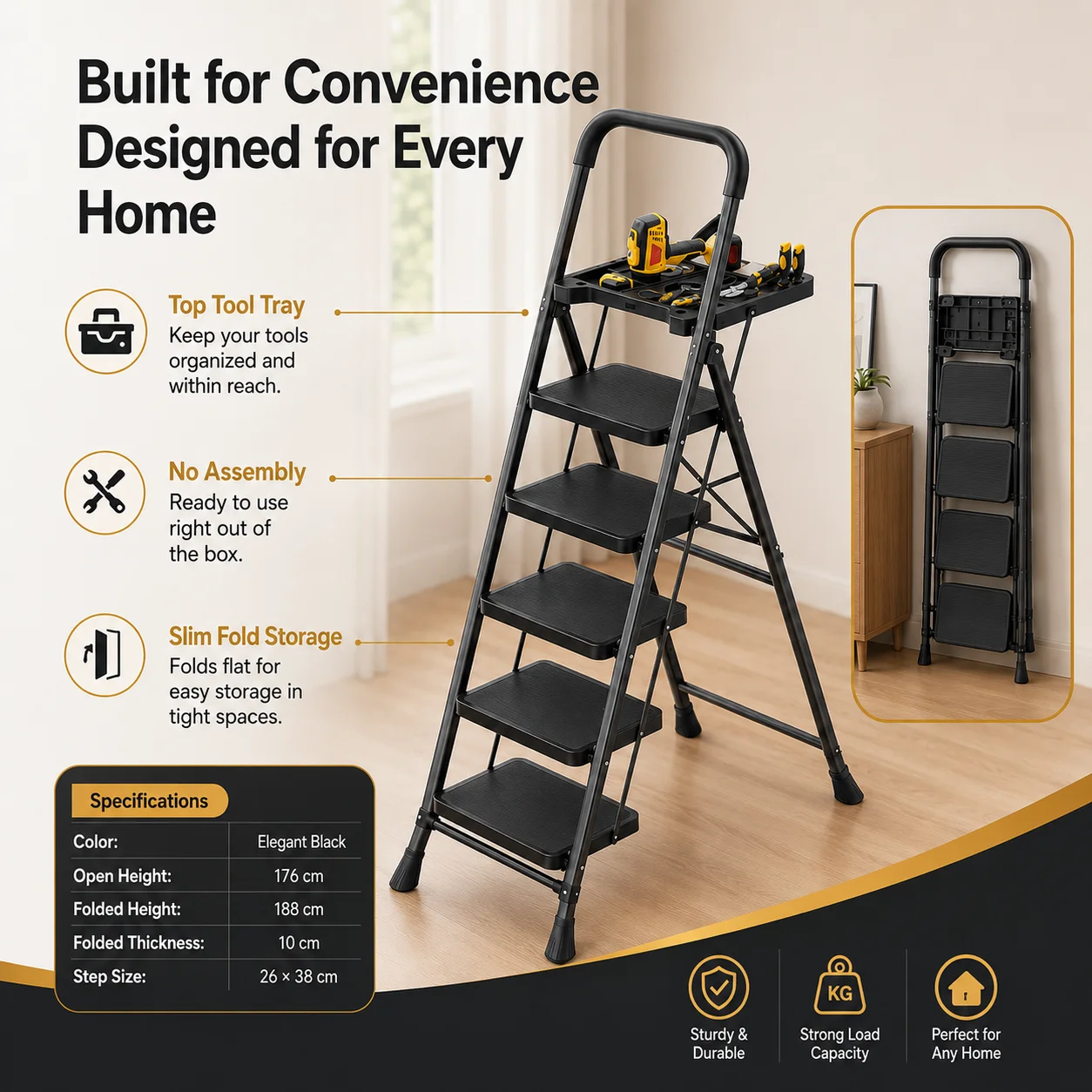 Black 5 Step Ladder with Built In Tool Tray Foldable Household Step Ladder with Wide Treads Safety Handrail Anti Slip Feet Ready to Use Compact Storage Ladder for Home Improvement Garage Workshop Kitchen Garden Holiday Decorating Warehouse Shelves