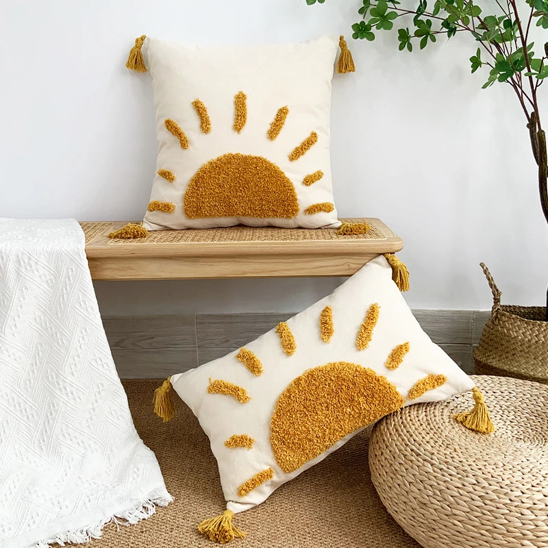 Tufted Sun Pattern Pillowcase Bohemian Cotton Sail Fabric Pillow Case Cushion Cover For Sofa Bedrooms Bed Home Decor