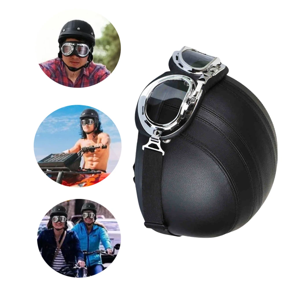 

New Black Vintage Motorcycle Helmet With Goggles Kit Four Seasons General Safety Helmet Accessories