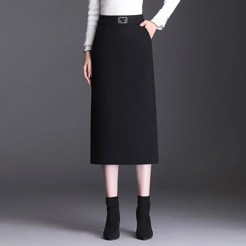 High Quality Fall Winter Fashion Women Black Knit Pockets Skirts Female Elastic High Waist S M L Mid Long Pencil Slit Skirts
