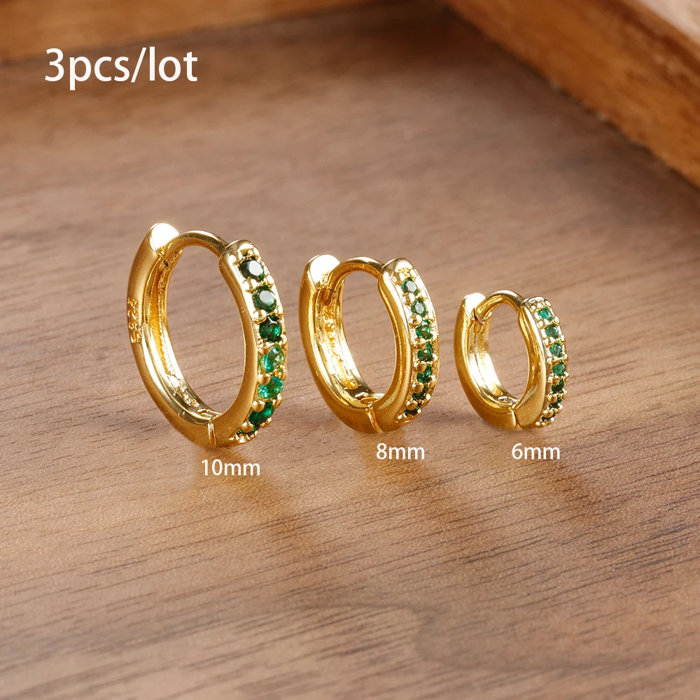 3pc Set Simple Stainless Steel Crystal Small Hoop Earrings