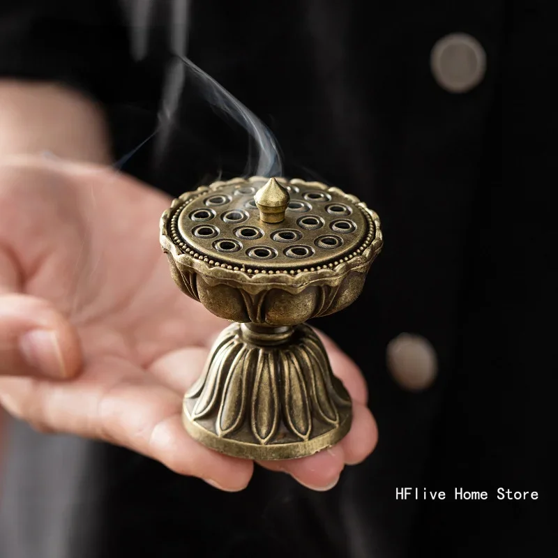 PureCopper Zen Lotus Copper Incense Burner Pure Copper Antique Old Treasure Lotus Lamp Sandalwood Incense Burner Chinese Incense