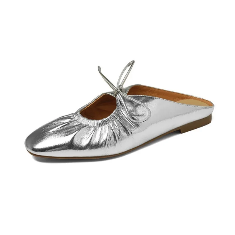 French Retro Silver Baotou Half Slippers Women\'s Outer Sandals Gold European and Korean Fashion Flat Shoes