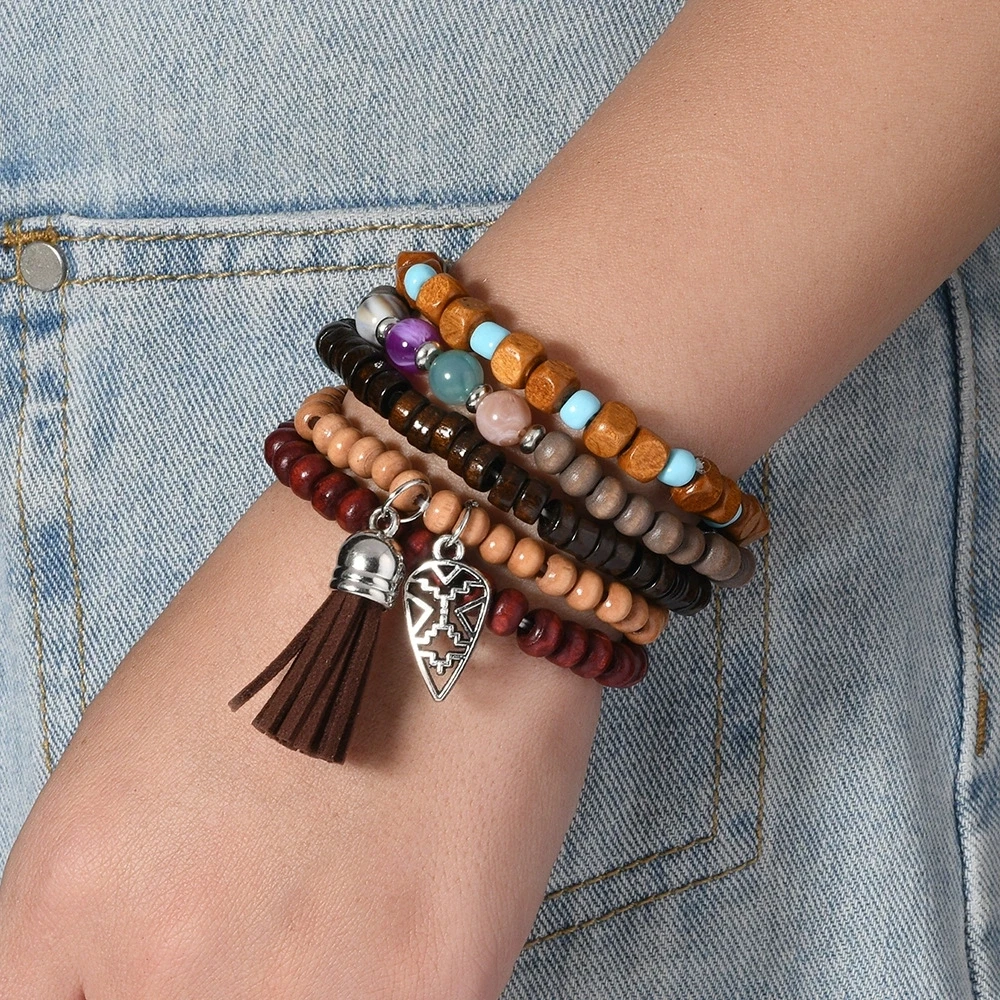 Vintage Multi-layer Wooden Beads wish Stone Tassels Bohemia Jewelry Bracelet Set For Women