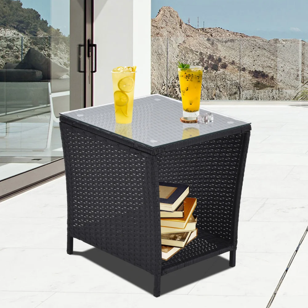 

Outdoor Side Coffee Table with Storage Shelf,All Weather PE Rattan and Steel Frame,Patio Furniture Square,Bistro Table