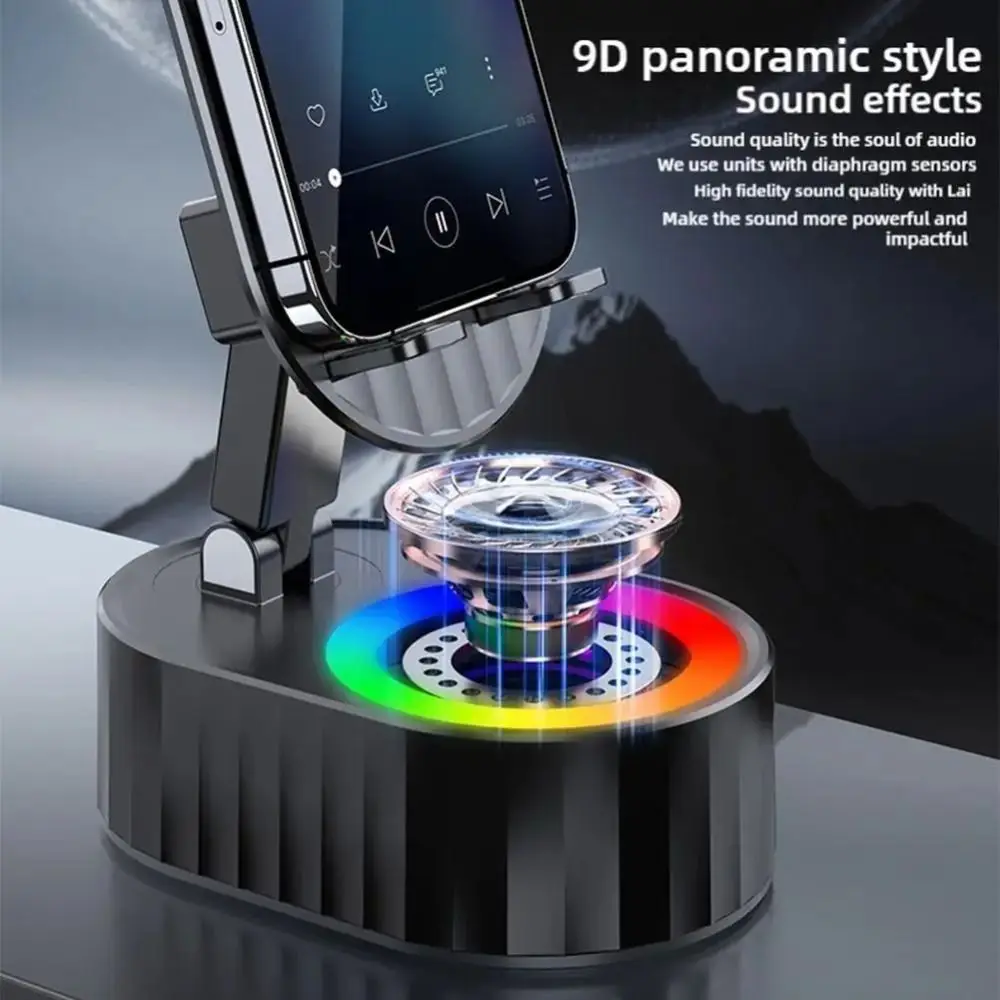 

360° Rotating Induction Speaker Phone Stand Foldable Reverse Charging Wireless Bluetooth Speaker with Atmosphere Light