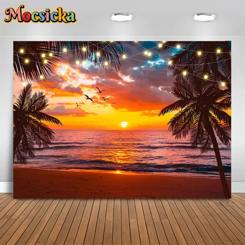 

Mocsicka summer photography background evening sunset palm tree sea decor backdrop holiday birthday party kids photo studio