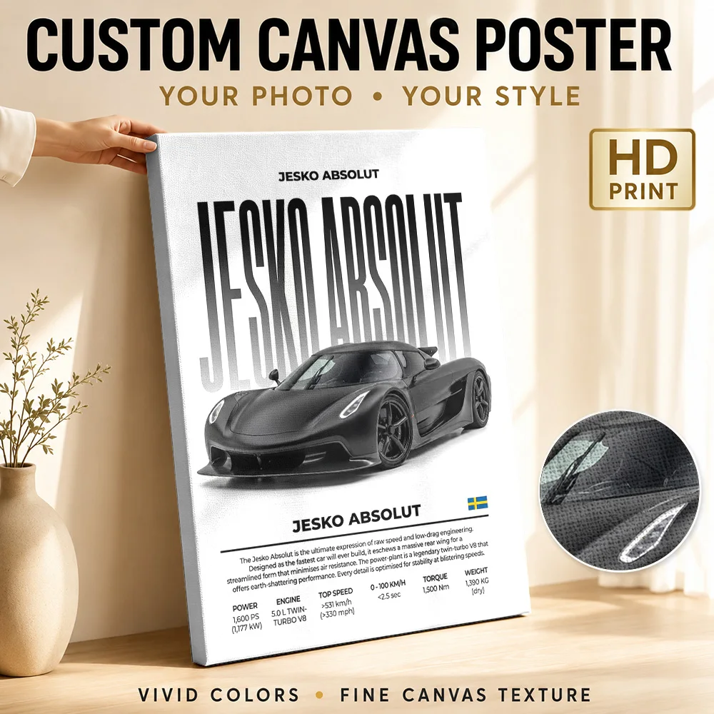 Black Sleek Swedish Jesko Absolut Car Framed Canvas Poster Customized Photo Modern Minimalist Style Canvas Wall Art Garage Decor