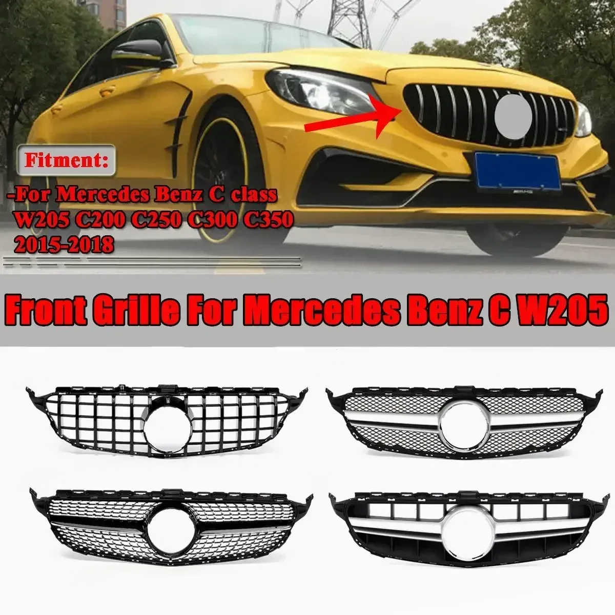 Diamond/GTR/AMG/C63S Style Front Bumper Radiator Grill For Mercedes For Benz C Class W205 C200 C250 C300 C350 2015-2018 Body Kit