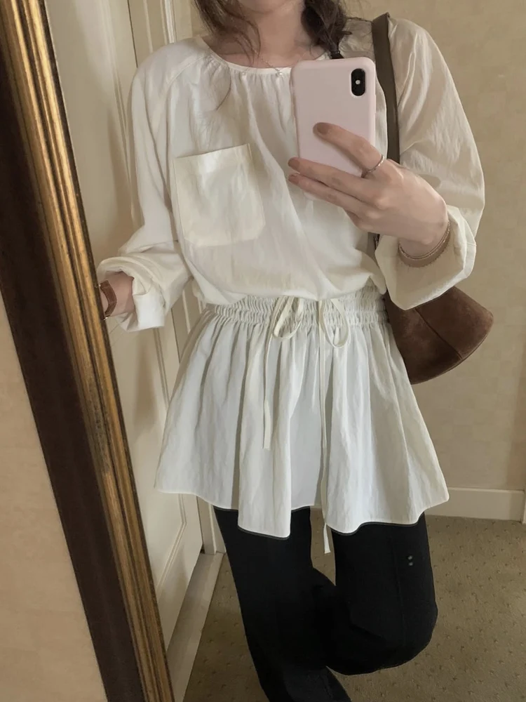 

Cotton Blend ket Patchwork irt Women's round Ne Loose Fit Waist Cinched Belted Sweet Youthful Mid-Length Top Trendy