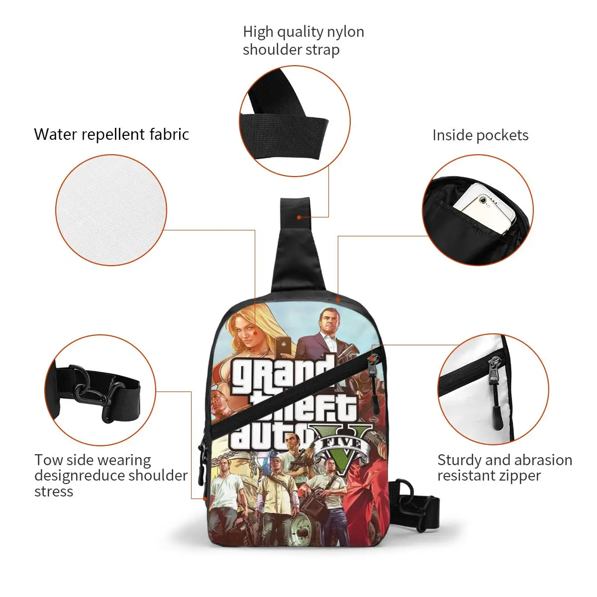 Cool Adventure Game Grand Theft Auto Sling Crossbody Mochila Homens GTA Ombro Peito Bolsas para Caminhadas