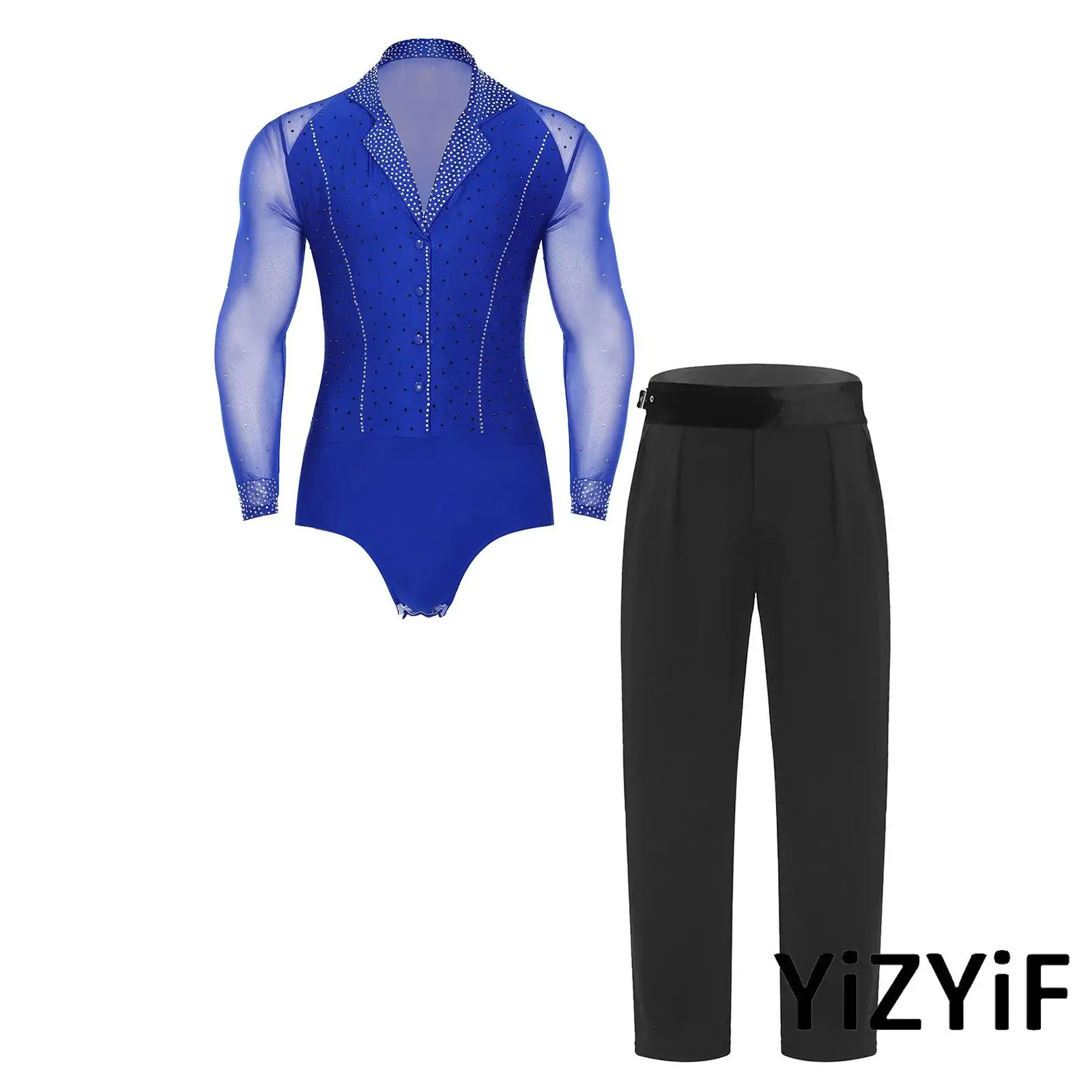 

Mens Tango Latin Ballet Dance Competition Performance Outfits Sheer Mesh Long Sleeve Bodysuit+Long Pants Salsa Dance Leotard
