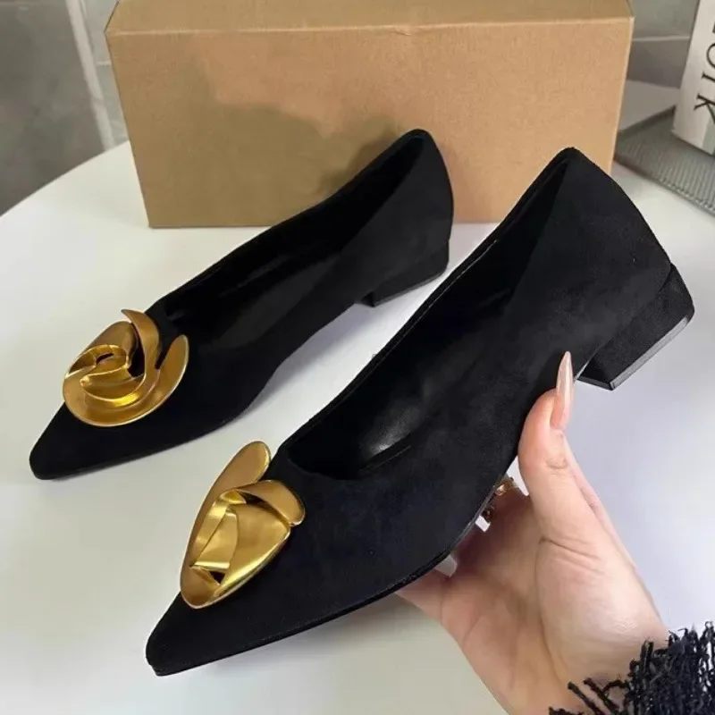 Elegant Office Women's Dress Shoes 2024 Summer New Black Shallow Pointed Toe Fashion Metal Flower Comfortable Ladies Flats