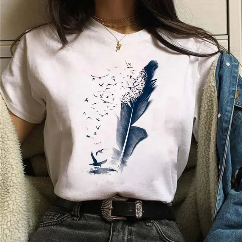 T-shirt femme aquarelle plume graphique imprimé T-shirt femmes à manches courtes T-shirt années 90 Streetwear femme vêtements hauts