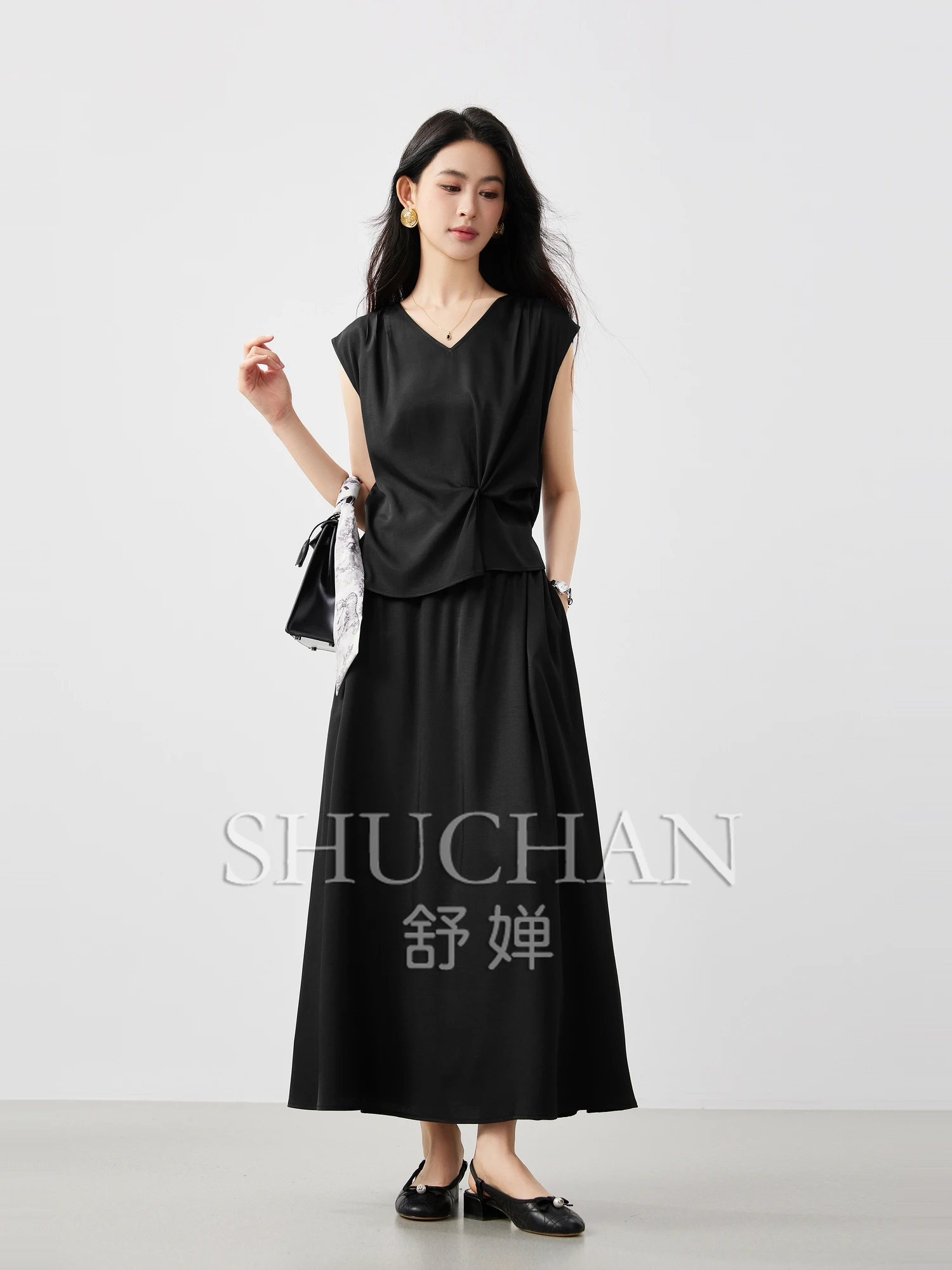 

Good Quality, Elegant Tone, Rhythmic Kink Fake Two-piece Loose-leaf Hem V-neck Dress 25 Summer Vestido Feminino
