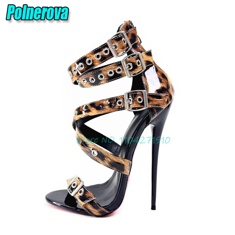 Punk Belt Buckle 16CM High Heel Sandals Sexy Leopard Print Back Zipper Stiletto Heels Pumps Spicy Girl Party Nightclub Shoes