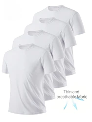 Round Neck T-Shirt 4-Pack White Ultra-Light Men's Quick Drying Breathable Sweat-Absorbent Shirt Suitable for Fitness Gym and Run