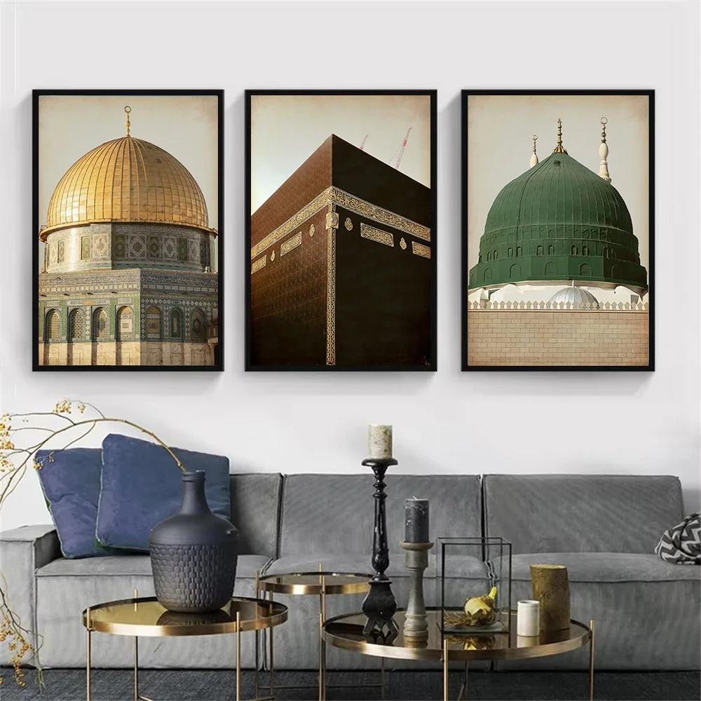 Mecca Jerusalem Masjid Al Aqsa Islamic Poster Mosque Dome Rock Temple Wall Art Canvas Painting Print Picture Living Room Decor