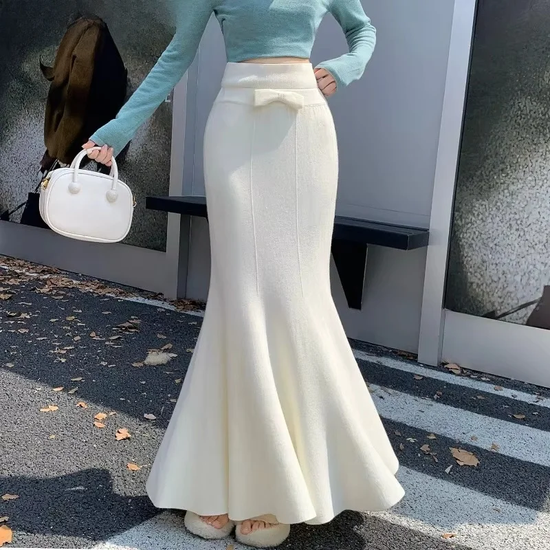 Women Thick Knit Mermaid Skirt High Waist Bodycon Maxi Skirts Bow Solid Slimming Elegant Autumn Winter Faldas Mujer