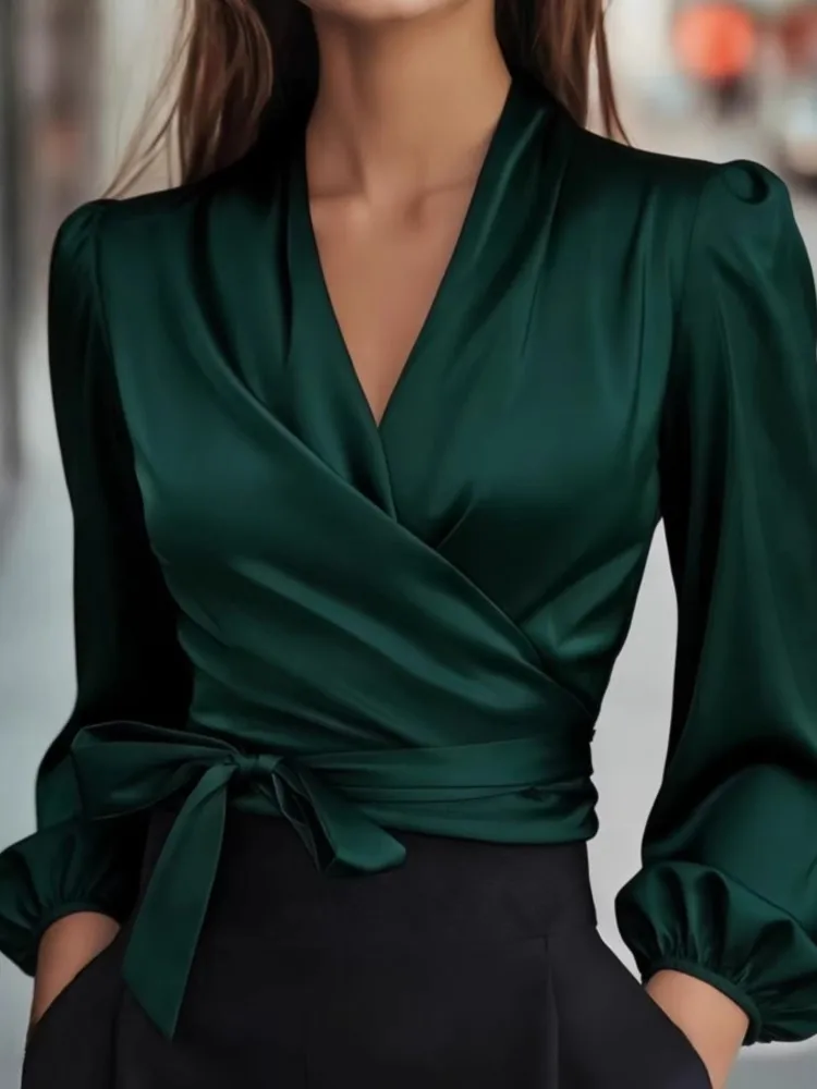 Elegant effen shirt voor dames Mode Lange mouw V-hals Lace-up Pullover Shirts Tops Lady Casual Vakantie Kantoorkleding Lente