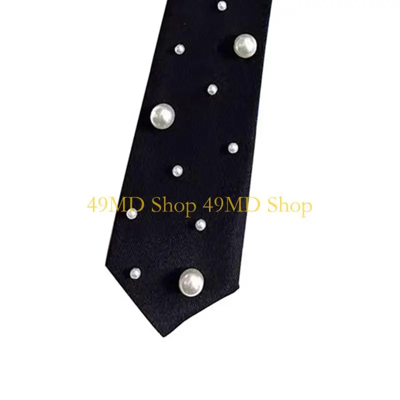 49MD Elegant Black Necktie with Pearls Embellished For Women No Tie Knot Design Tie