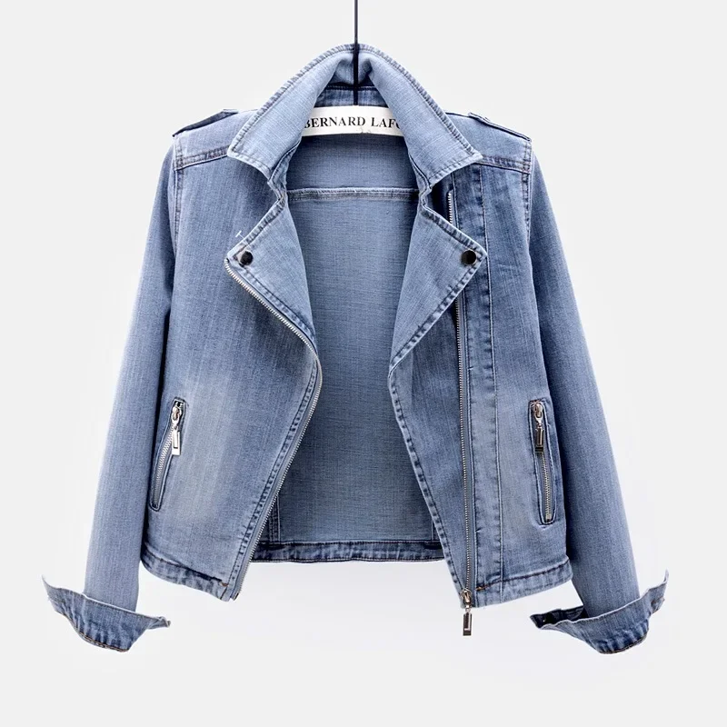 Women Denim Coat Short Coats Zipper Turn Down Collar Elegant Splice Open Stitch Jacket Full Sleeve Casual Jackets Autumn Spring