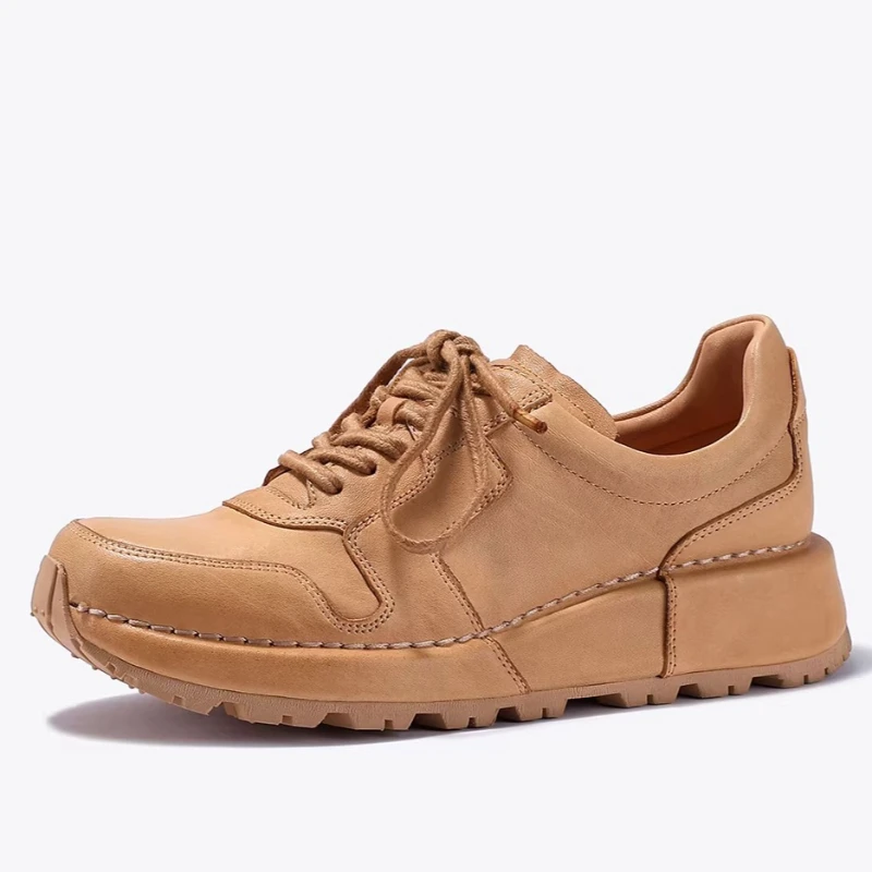 Retro Fashion Casual Flats Board Shoes for Women's Thick Sole Heightening Shoes Genuine Leather Comfortable Lightweight Sneakers