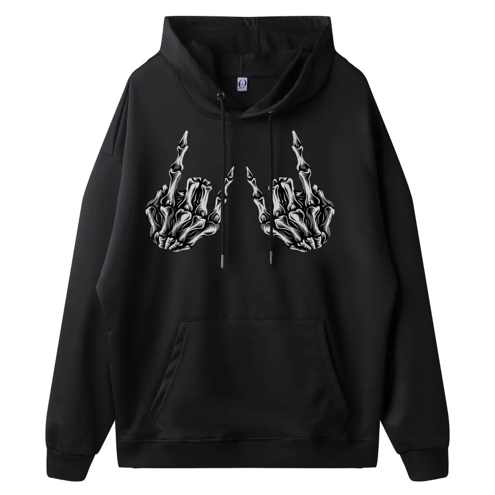 Rock On Skeleton Hand Sign Hoodies Special Round Collar Party long Sleeve Mens Hoodies Normal Hoodies