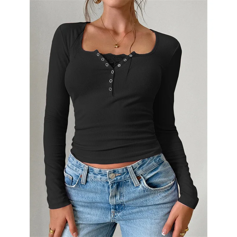 Women'S Solid Ribbed-Shirt - Long Sleeve Scoop Neck Blouse With Button Front & Lace Trim, Washable Spring