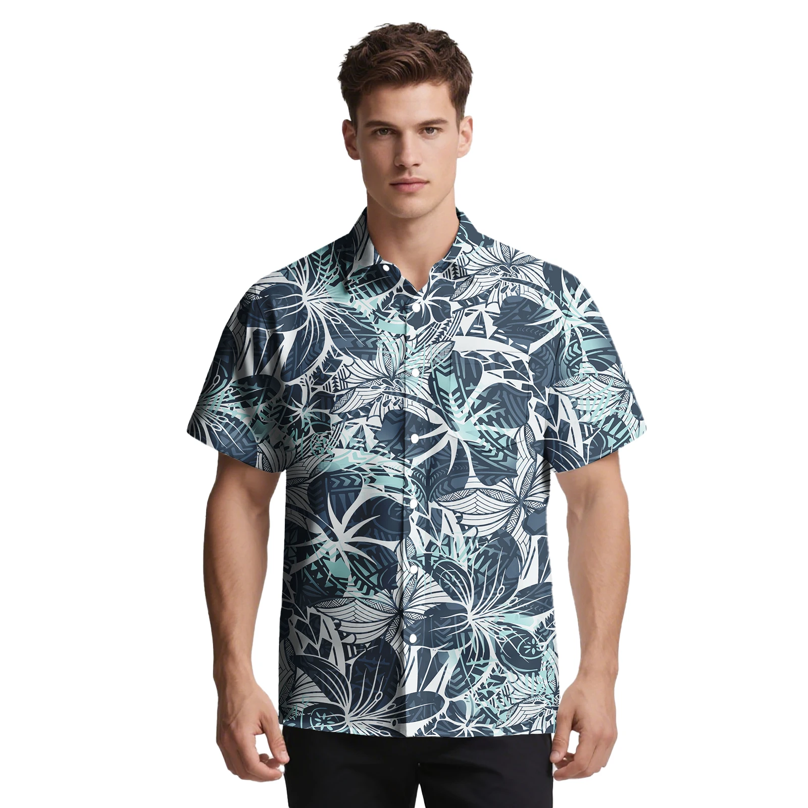 ساموا القبلية تصميم شعار مخصص الرجال الملابس هاواي شاطئ قميص الرجال وسيم زر أعلى البولينيزية العرقية نمط الرجال ألوها قميص #5