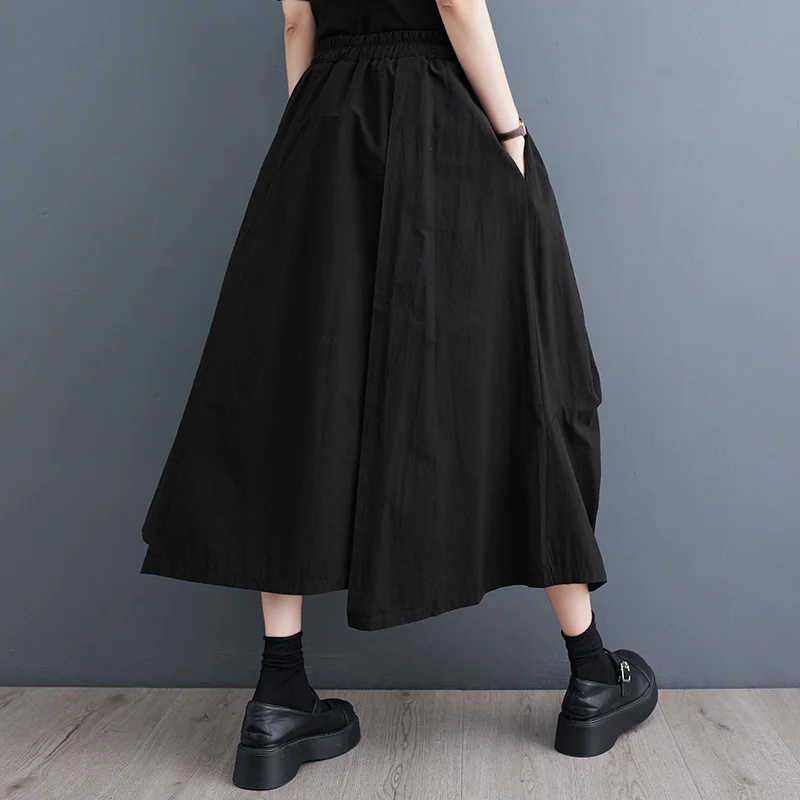 #3004 Summer Black A-line Skirts Women Loose Korean Style Irregular Midi Skirt Female Pleated Asymmetrical High Waisted Skirts