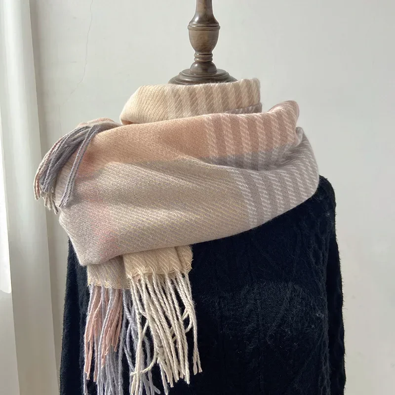 Korean Sweet Girls Imitation Cashmere Scarf Aesthetic Winter Warm Soft Long Tassel Shawls Wraps Thick Scarves for Women Students