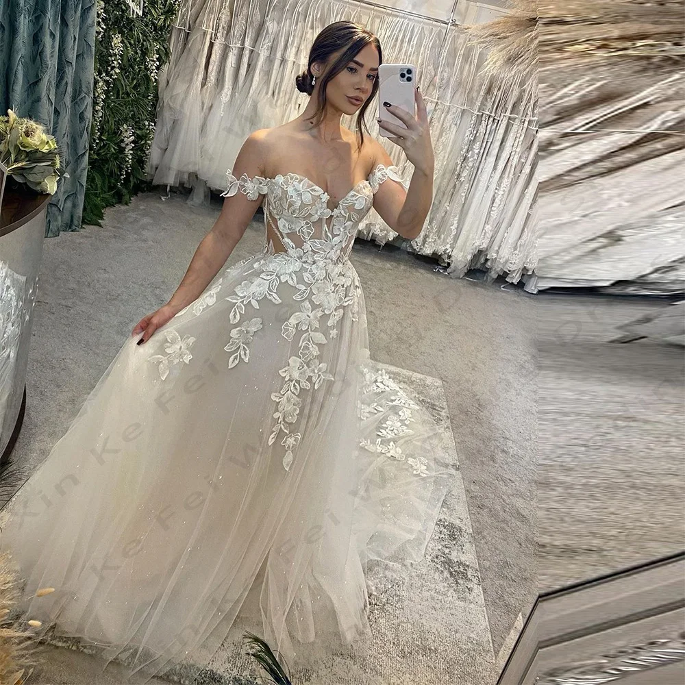 

Luxury Women's Wedding Dresses Bohemian Sexy One Shoulder Lace Applique Princess Bridal Gowns Back Button Design Vestidos Robes