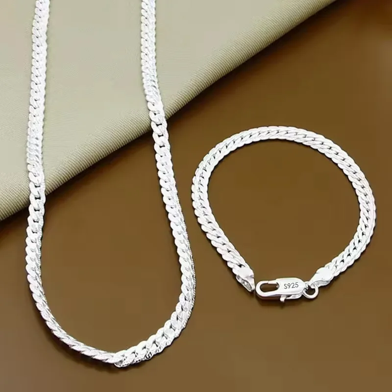 2pcs 925 Sterling Silver 6MM Side Chain Necklace Bracelet For Women Fashion Charm Wedding Party Favor Jewelry Set