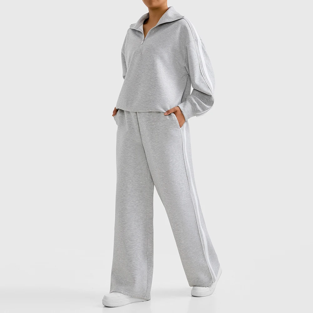 Women's Autumn 2 Piece Casual Sports Set Retro Solid Color Zipper Sweatshirt High Waist Drawstring Wide Leg Pants Street Wear
