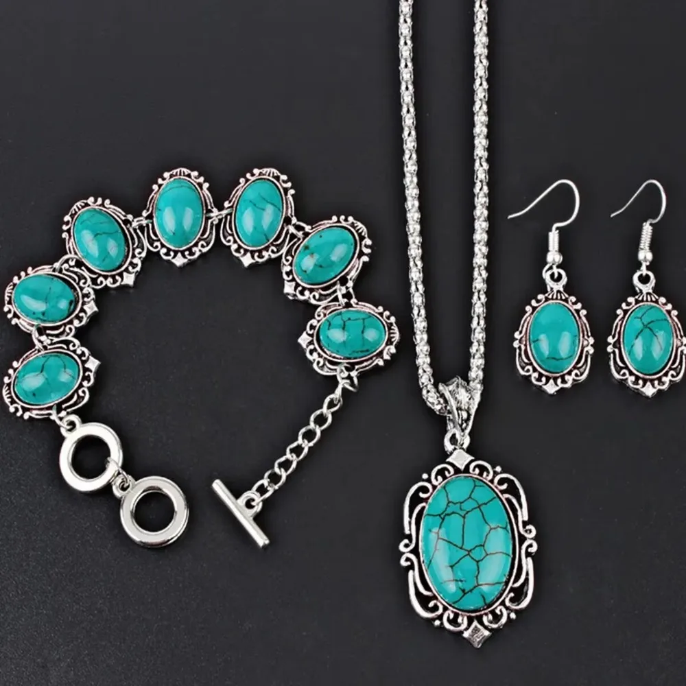 4Pcs/Set Vintage Boho Turquoise Jewelry Set Electroplating Alloy Necklace Bracelet Earrings Set Classic Euramerican Style