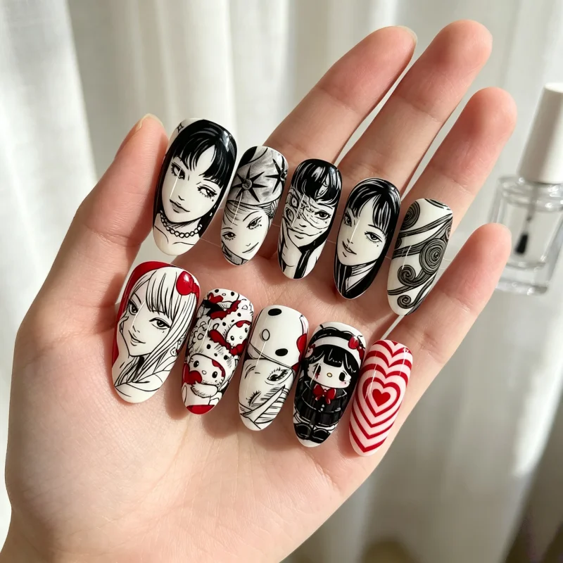 30Pcs Press-On Nails Dark Medium-Oval Unique Hand-Painted Comic-Style Design—Perfect for Women and Everyday Wear
