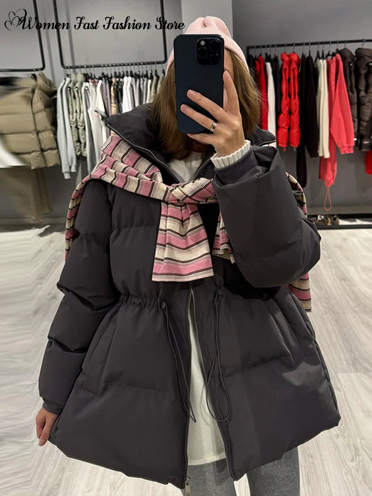 Women's Drawstring Waist Cinching Cotton Coat 2026 Winter Warm Stand Collar Zipper Pockets Quilted Jackets Female Solid Outwear