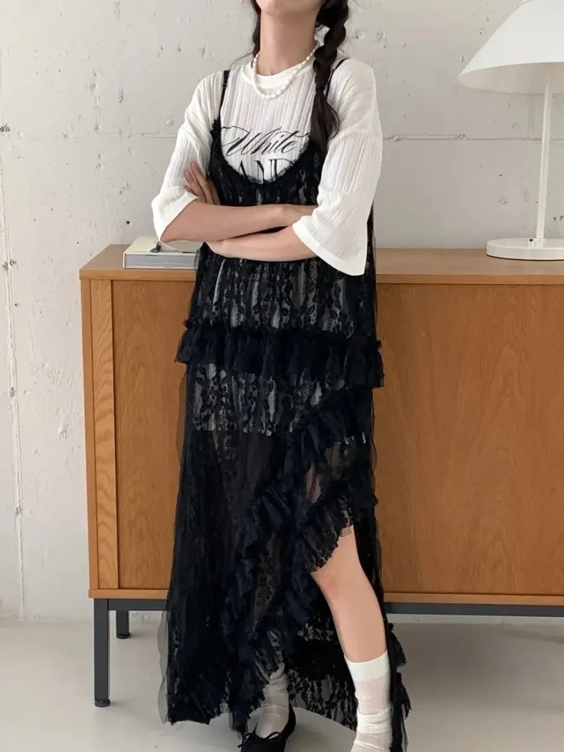Korean Style Irregular Slit Lace Halter Dress Women's Summer New Design Sensation Wooden Ear Stack Long Skirt