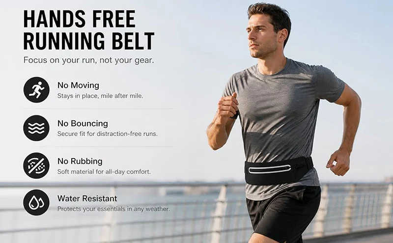 Ultra Slim Running Belt Bag 3 Pocket Reflective Water Resistant Waist Pack Adjustable Sports Phone Holder for Men Women