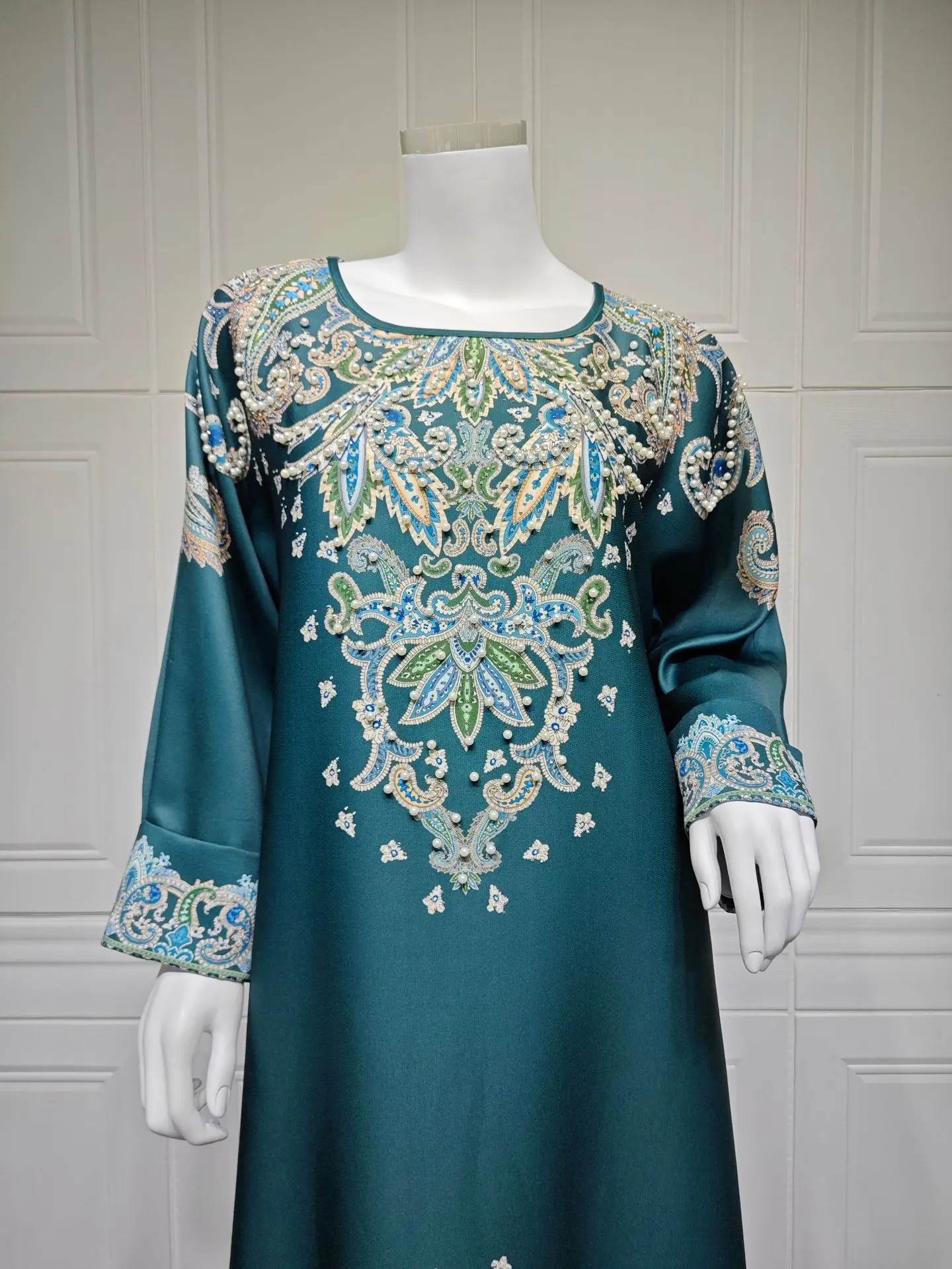 Uni Ramadan Dubai Floral Print Luxury Abaya Women Evening Dress Loose Sleeve Pearl Beading Moroccan Caftan Women