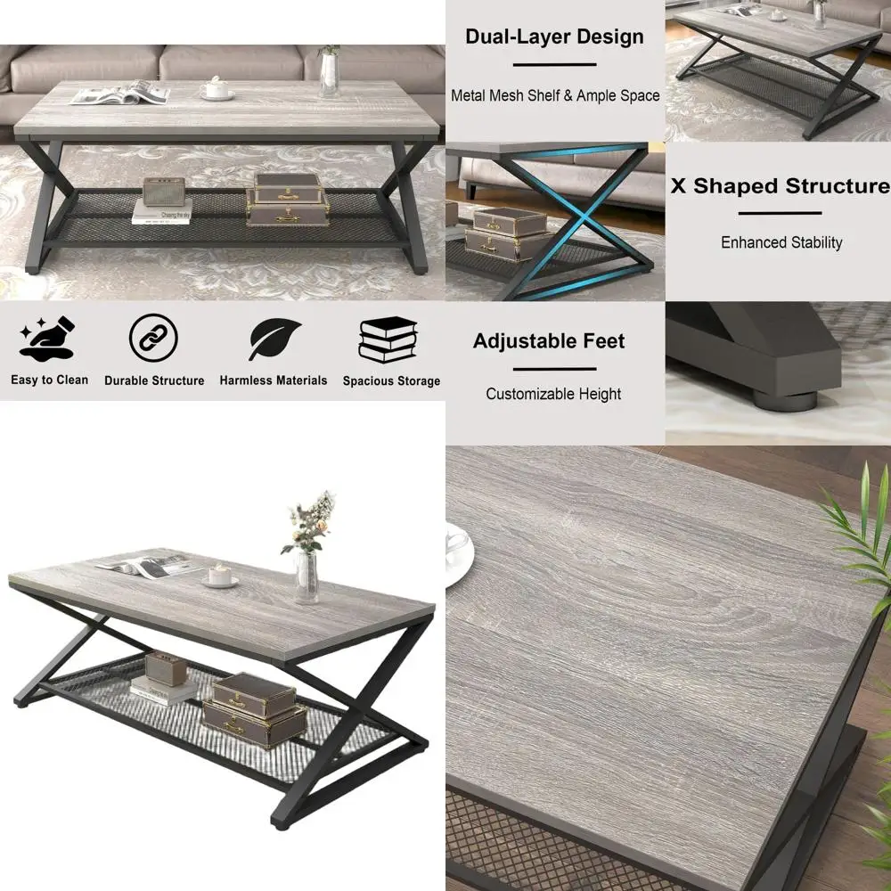 

Industrial Style 2-Tier Light Grey Oak Wood and Metal Cocktail Table with Storage for Living Room or Office