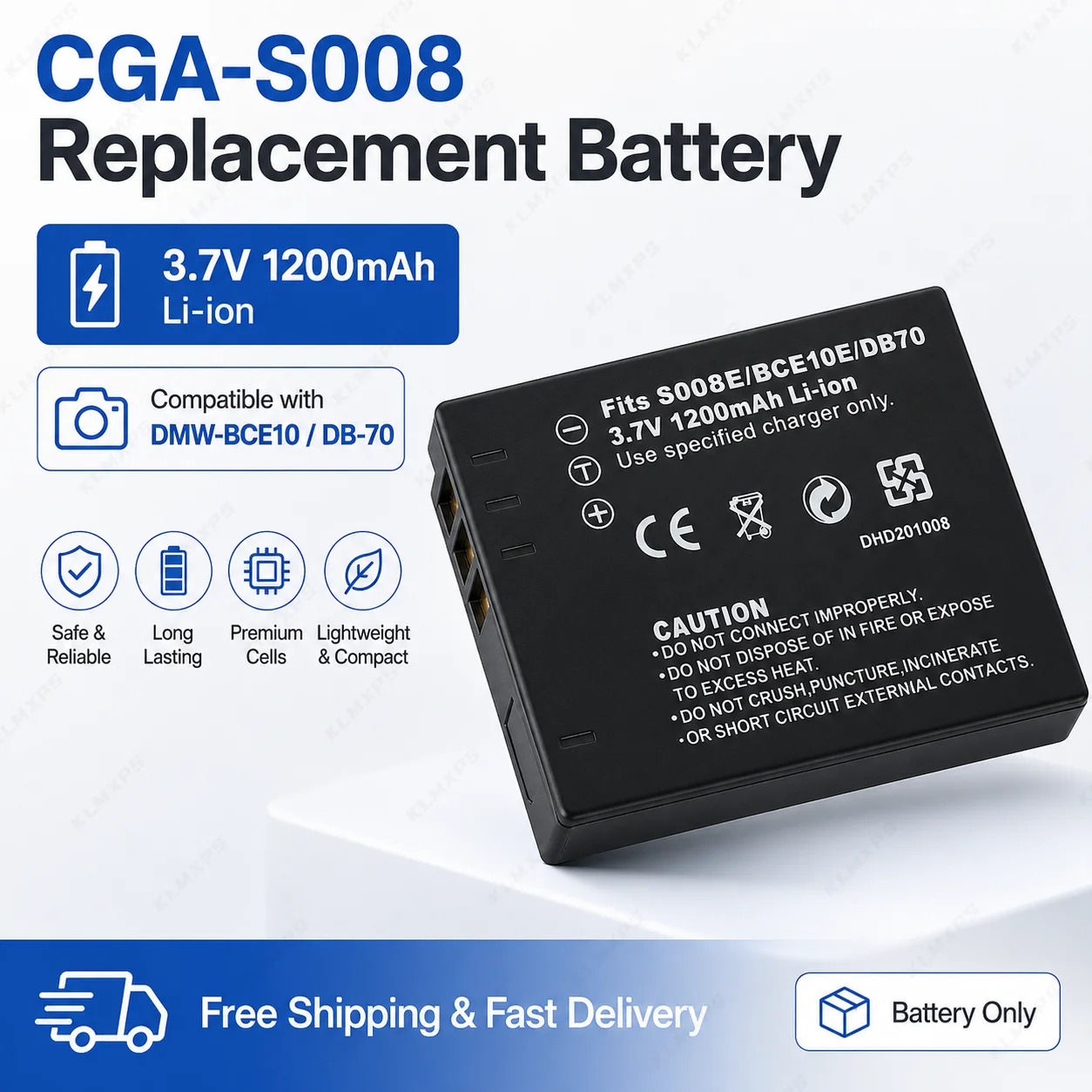 

CGA-S008 3.7V 1200mAh Li-ion Camera Battery Replacement for Panasonic DMW-BCE10 DB-70