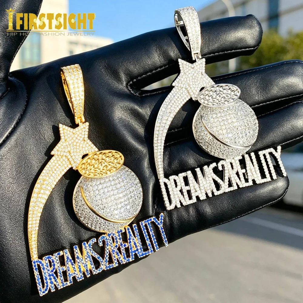 Iced Out Bling Letters DREAMS TO REALITY Pendant Necklace Gold Color Zircon CZ Money Bag Star Charm Men's Women Hip Hop Jewelry
