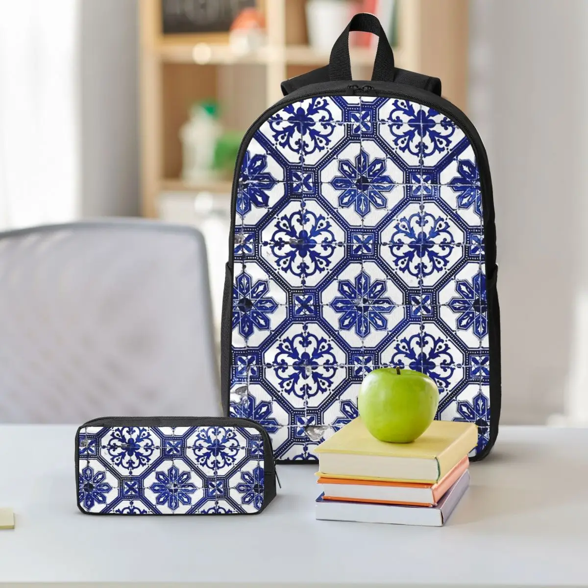 Blue And White Portuguese Tile Backpack Student BookBag School Bag Shoulder Bags 3ps Insulated Lunch Bag Pencil Case