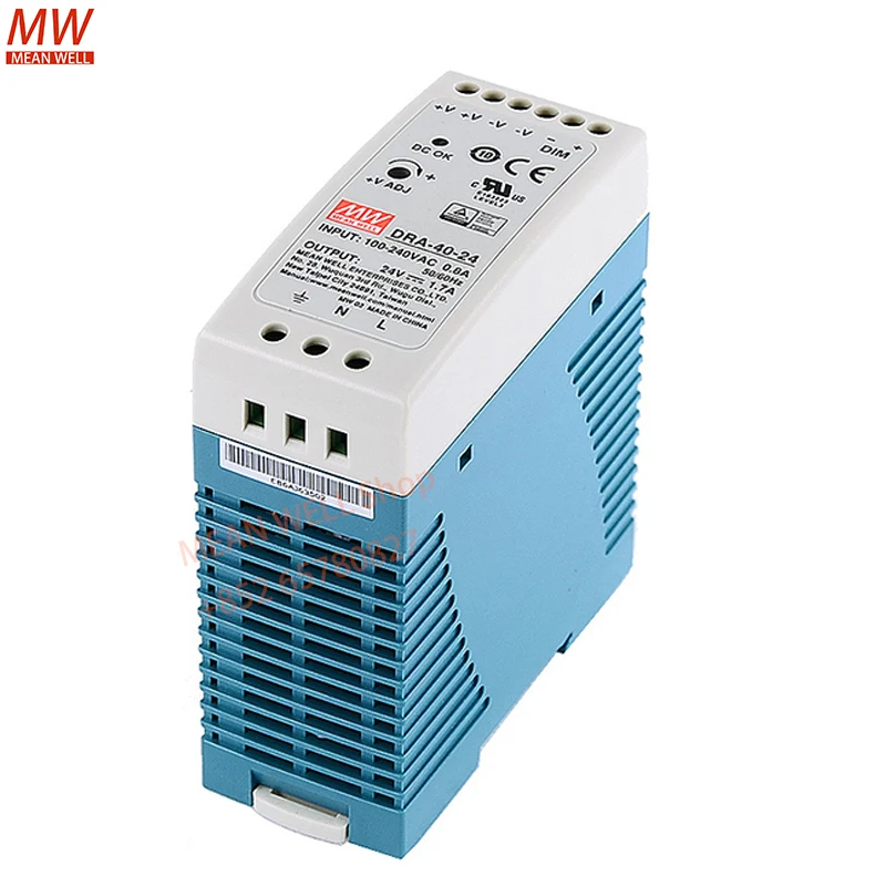

Импульсный источник питания MEAN WELL мощностью 40 Вт с одним выходом на рейке DRA-40-12 DRA-40-24