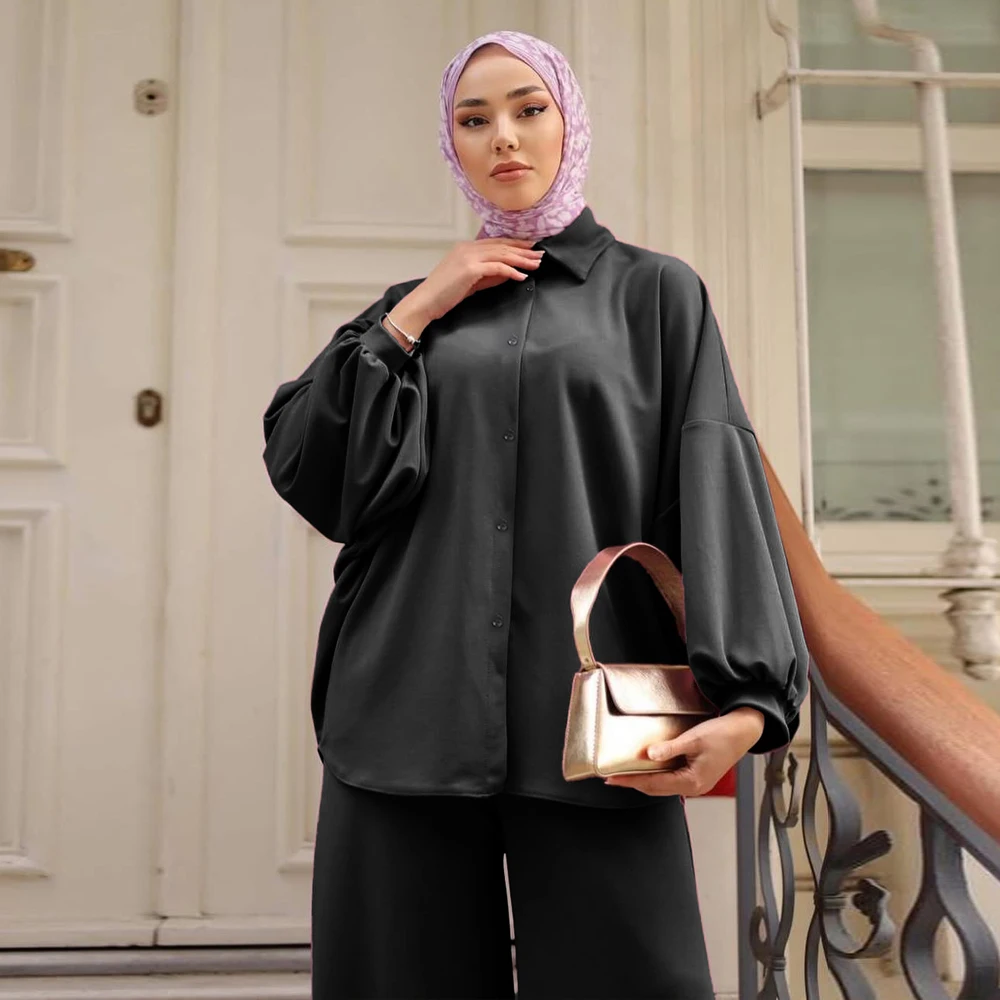 

Eid Muslim Women Two Piece Set Shirt Pants Ensemble Dubai Abaya Arab Ramadan Outfit Casual Suits Tops Trousers Islamic Clothing
