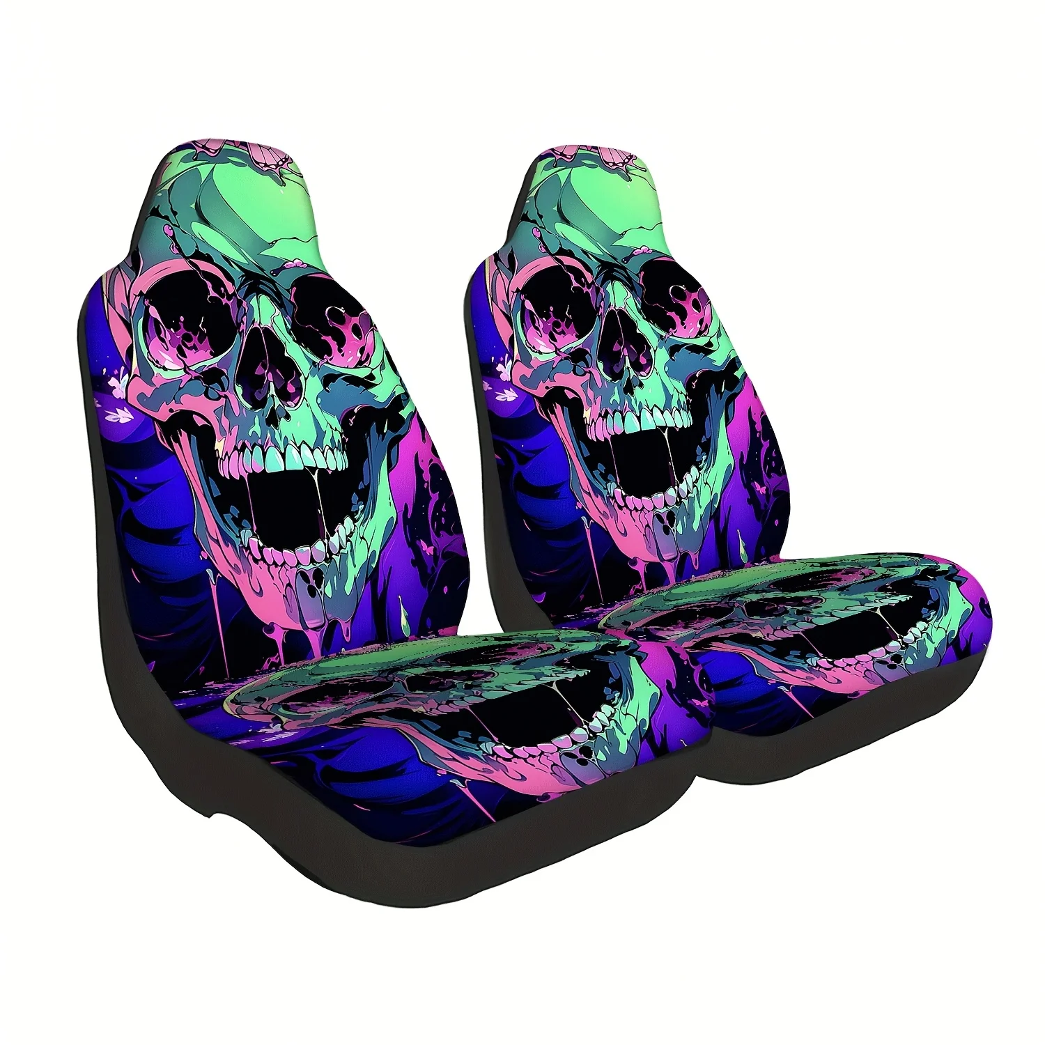 Two Colorful Skull Pattern Car Seat Covers, Cute Interior Seat Additions For Front Seat Protection, Suitable For Cars, Trucks, V